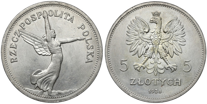 Nike 5 złotych 1928 bez znaku, Bruksela Bardzo ładna, ale przetarta w tle, po ob...