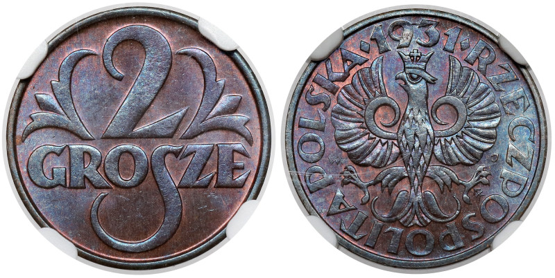 2 grosze 1931 Reference: Chałupski 2.5.5.a, Parchimowicz 102.f
Grade: NGC MS65 ...