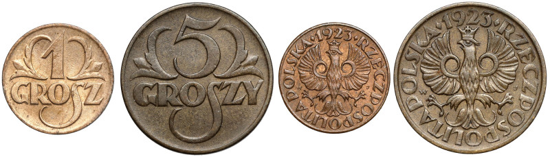 1 i 5 groszy 1923, zestaw (2szt) 1 grosz przeczyszczony na stronie z nominałem.&...