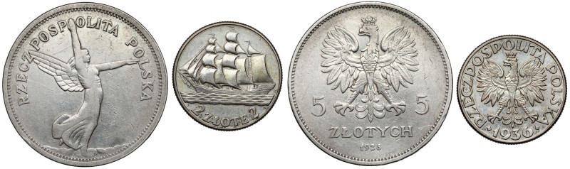 Nike 5 złotych 1928 i Żaglowiec 2 złote 1936, zestaw (2szt) Nike - st.3+/2- Żagl...