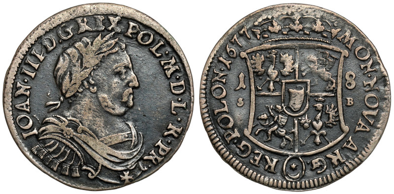 Jan III Sobieski, Ort Bydgoszcz 1677 Mocna, czarna patyna. Dobrze, głęboko i rów...