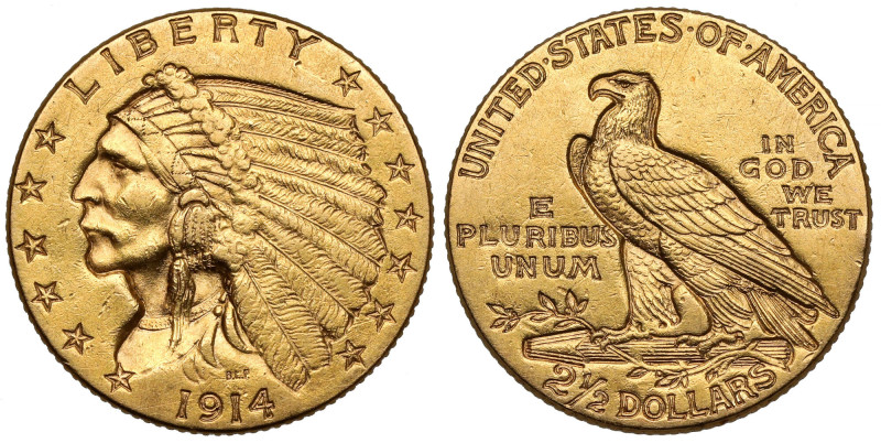 USA, 2 1/2 dollars 1914 - Indian Head Gold, diameter 17,5 mm, weight 4,16 g.&nbs...