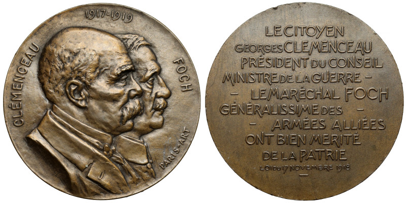 France, Medal 1919 - Clemenceau Foch Bronze, diameter 50 mm, weight 60,2 g.
 Br...