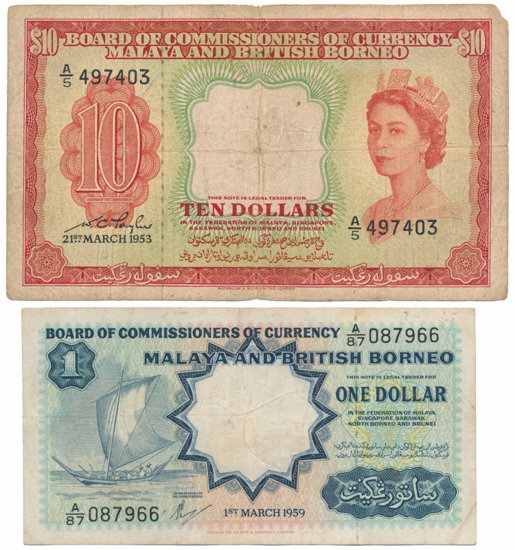 Malaya and British Borneo, 10 Dollars 1953 & 1 Dollar 1959 (2pcs) Reference: Pic...