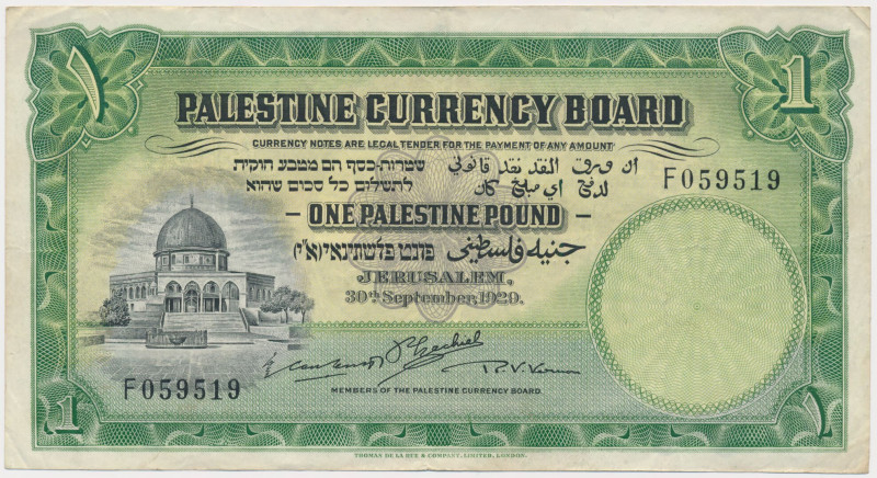 Palestine, 1 Pound 1929 Reference: Pick 7b
Grade: VF+ 

WORLD PAPER MONEY ASI...