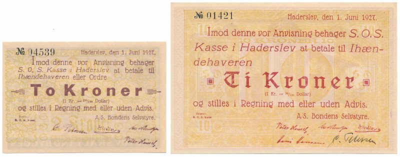 Denmark, Haderslev, 2 & 10 Kroner 1927 (2pcs) 
Grade: UNC 

WORLD PAPER MONEY...