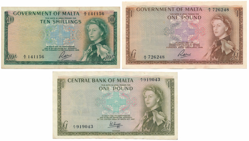 Malta - banknotes lot (3pcs) 10 shillings st.3; 1 pound (brązowy) st.2-; 1 pound...