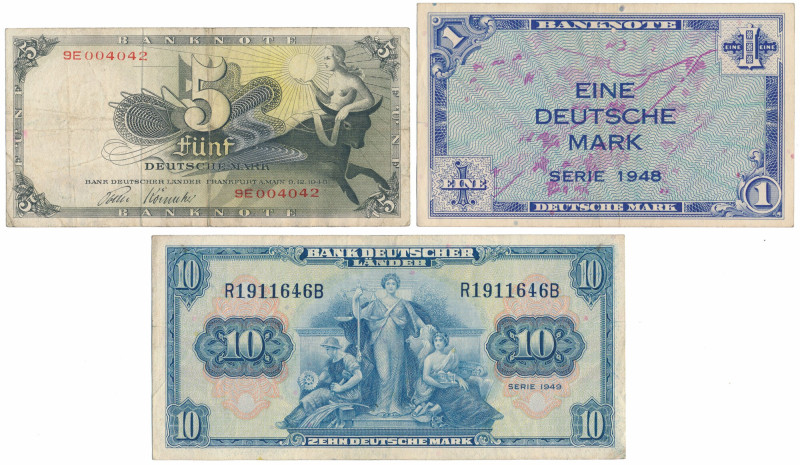 Germany, 1, 5 & 10 Mark 1948-1949 (3pcs) 
Grade: VF 

WORLD PAPER MONEY GERMA...