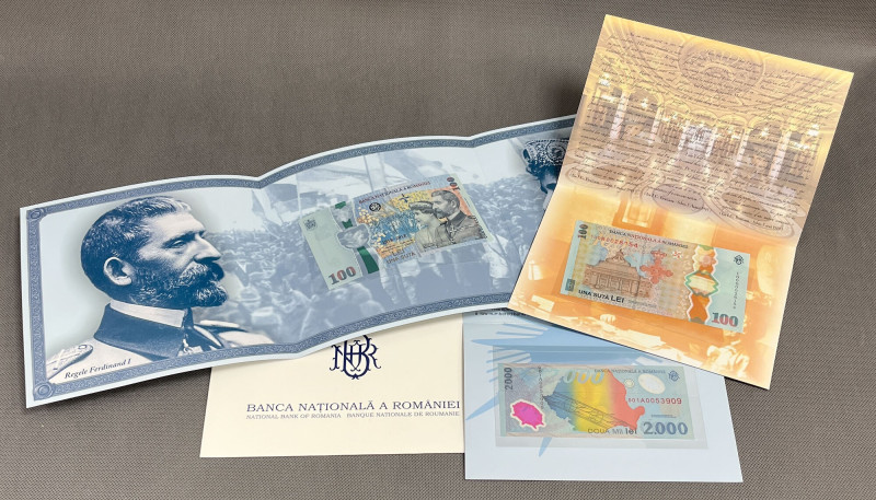 Romania, 2.000 Lei 1999 & 2x 100 Lei 2018-2019 - in folder (3pcs) 

WORLD PAPE...