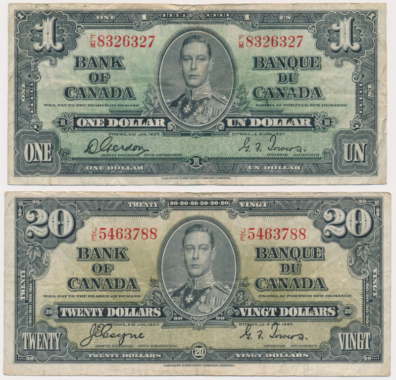 Canada, 1 & 20 Dollars 1937 (2pcs) Signatures: Gordon & Towers, Coyne&nbsp;& Tow...