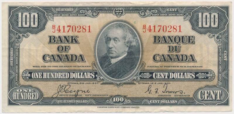 Canada, 100 Dollars 1937 Signatures:&nbsp; Coyne &nbsp;& Towers. 
Reference: Pi...