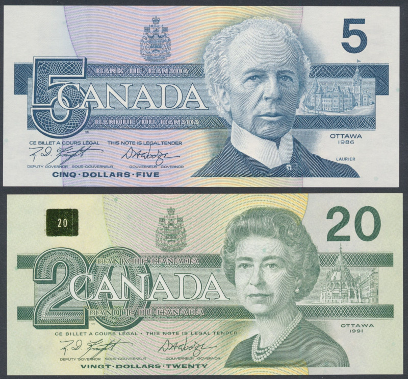 Canada, 5 Dollars 1986 & 20 Dollars 1991 (2pcs) 
Grade: UNC 

WORLD PAPER MON...