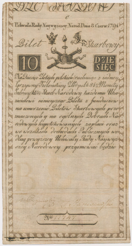 10 złotych 1794 - C - herbowy znak wodny Reference: Miłczak A2
Grade: VF+