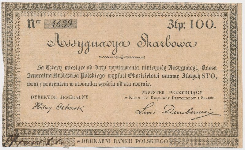 Powstanie Listopadowe, Asygnacja Skarbowa na 100 złotych 1831 Reference: Lucow 1...