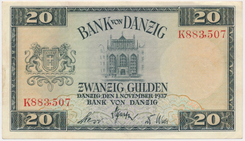 Gdańsk, 20 guldenów 1937 - K Reference: Miłczak G53a
Grade: XF 

POLAND DANZI...