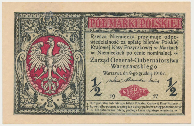 1/2 mkp 1916 Generał Reference: Miłczak 7
Grade: AU 

POLAND POLEN GERMANY