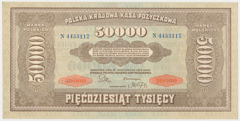 50.000 mkp 1922 - N Bez ugięć w polu, natomiast w każdym z narożników odciski od...