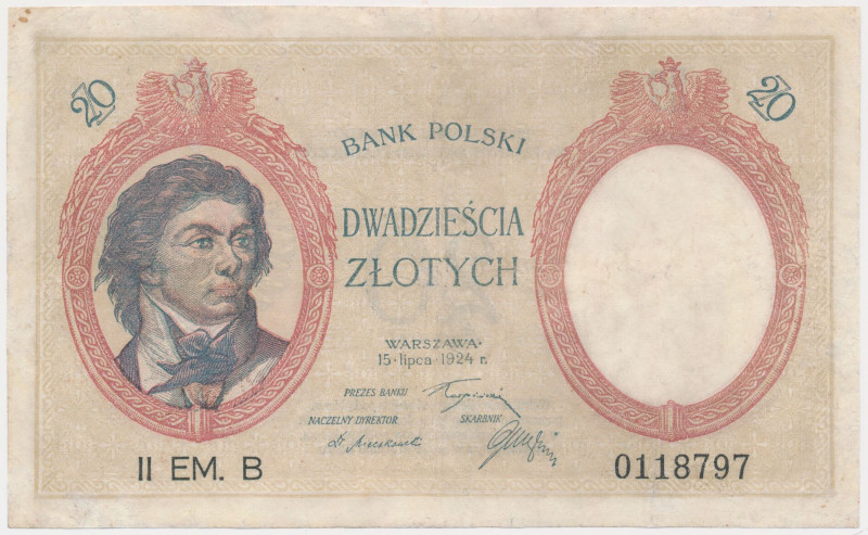 20 złotych 1924 - II EM. B Po konserwacji. Reference: Miłczak 59b
Grade: VG+