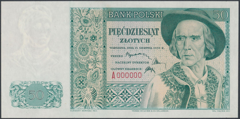 Londyn, 50 złotych 1939 - A 000000 - znak wodny jak w 10 zł Druk próbny pełniący...