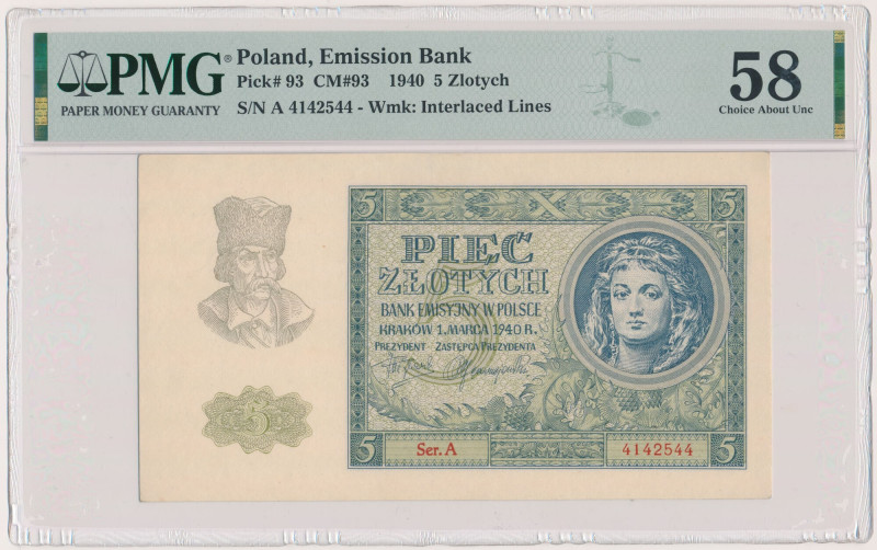 5 złotych 1940 - Ser.A Reference: Miłczak 93
Grade: PMG 58