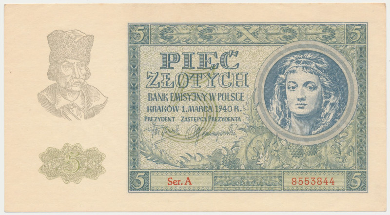 5 złotych 1940 - Ser.A Zgięty pionowo; naturalny; piękny w prezencji.&nbsp; Refe...