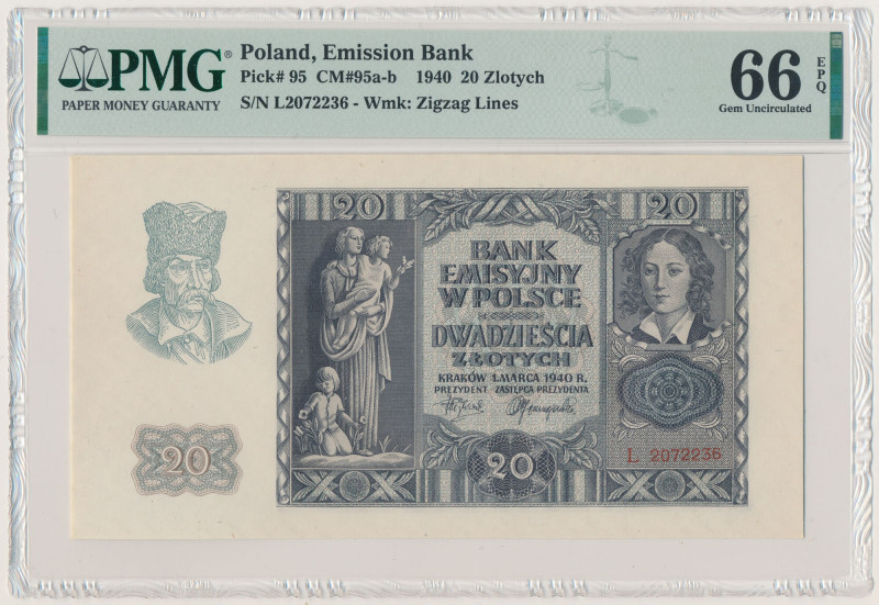 20 złotych 1940 - L Reference: Miłczak 95a
Grade: PMG 66 EPQ