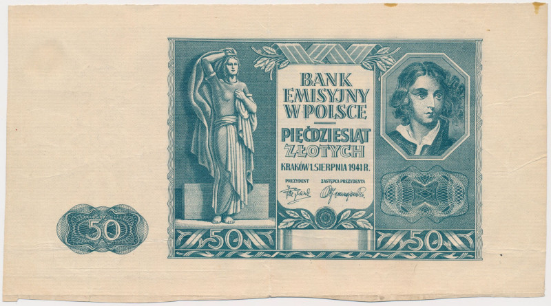 50 złotych 1941 - bez poddruku, serii i numeru - szerokie marginesy Papier właśc...