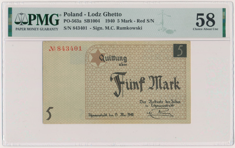 Getto 5 marek 1940 - cienki papier Reference: Miłczak L4a
Grade: PMG 58 

POL...