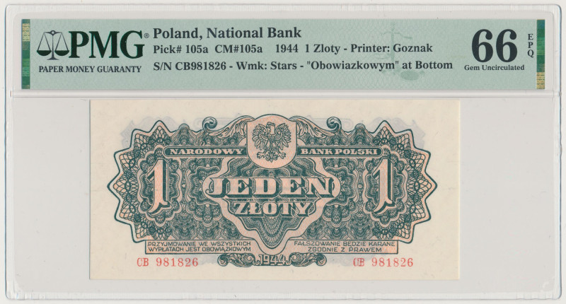 1 złoty 1944 ...owym - CB Reference: Miłczak 105a
Grade: PMG 66 EPQ