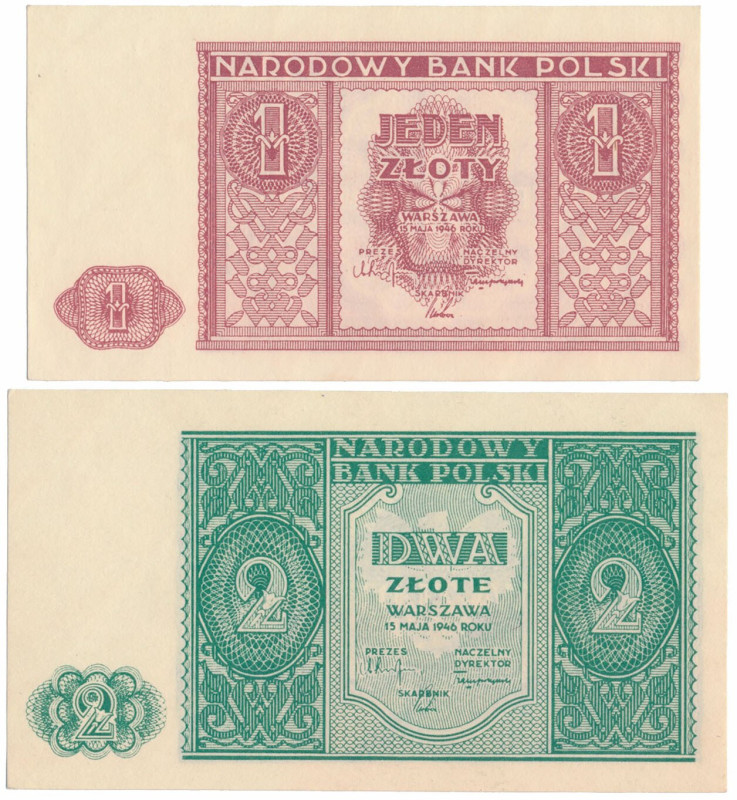 1 i 2 złote 1946 - zestaw (2szt) 1 zł w st.1-, 2 zł w st.1.&nbsp; 
Reference: M...