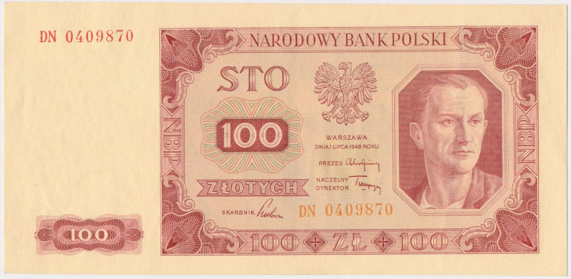 100 złotych 1948 - DN Dwa lekkie zgięcia pionowe, przy czym środkowe mocniejsze,...