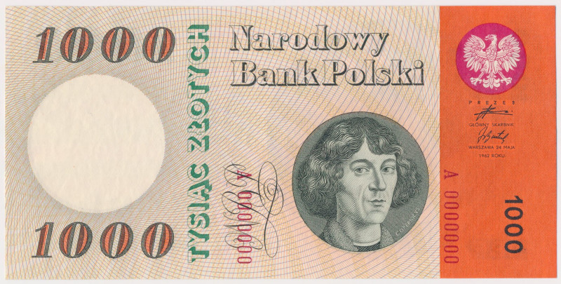 1.000 złotych 1962 - A 0000000 Rzadki, niewprowadzony do obiegu banknot (ze wzgl...