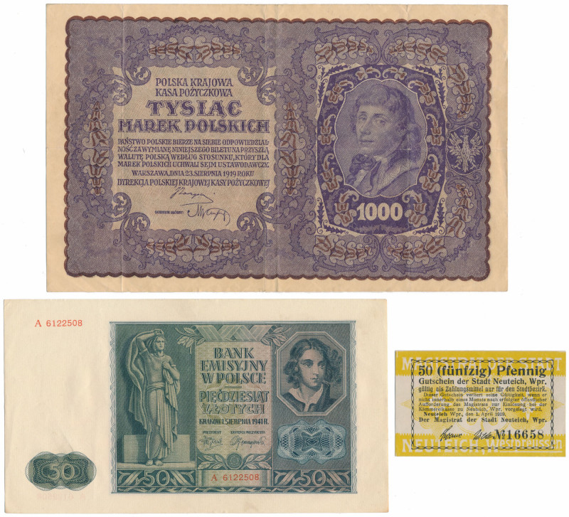 Banknoty polskie 1919-1941 i notgeld Neuteich (Nowy Staw) - zestaw (3szt) 
Grad...