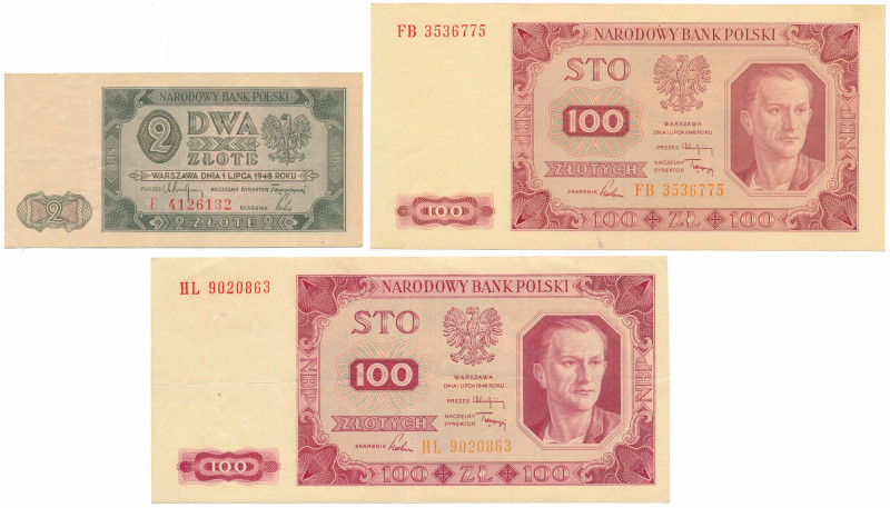 Zestaw 2 i 2x 100 złotych 1948 (3szt) 2 zł st.3+; 100 zł FB st.2, ładny, natural...