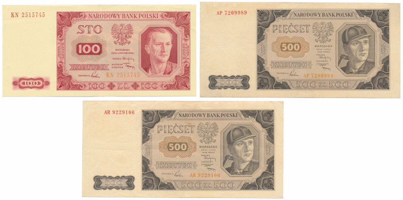 Zestaw 100 zł i 2x 500 zł 1948 (3szt) 100 zł st.2-; 500 zł st.3/3+, 3+ 
Referen...