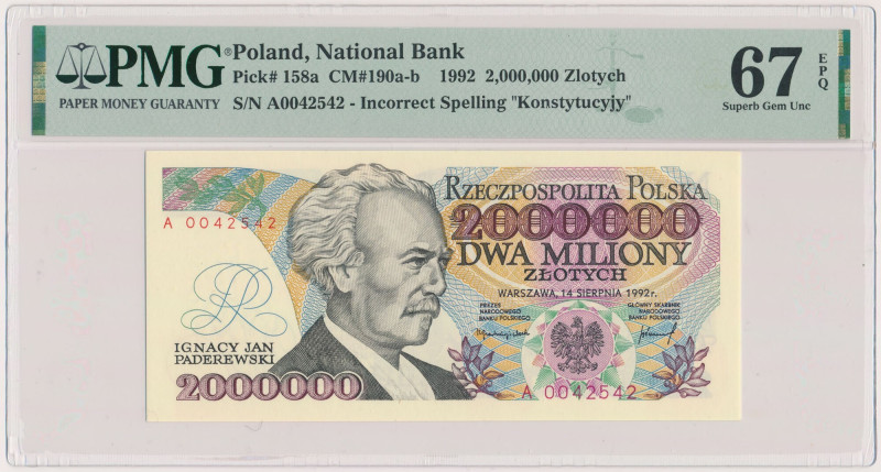 2 mln złotych 1992 - A - z błędem 'Konstytucyj_y' Reference: Miłczak 190a
Grade...