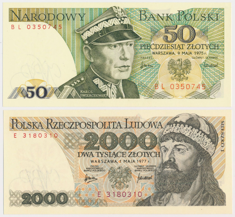 50 złotych 1975 i i 2.000 złotych 1977 - zestaw (2szt) Reference: Miłczak 144b, ...