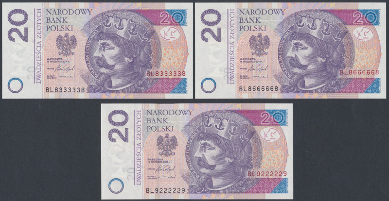 20 zł 2016 BL - 8333338, 8666668 i 9222229 - radarowe (3szt) 
Grade: 1, 1/AU