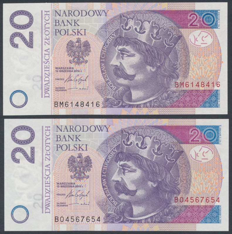 20 zł 2016 - BM 6148416 i BO 4567654 - radarowe (2szt) 
Grade: UNC/AU