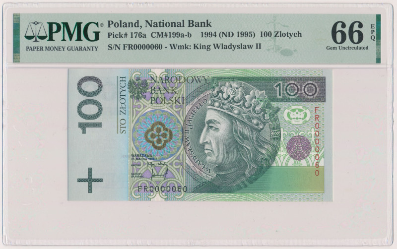 100 zł 1994 FR - 0000060 - niski numer Reference: Miłczak 199b
Grade: PMG 66 EP...