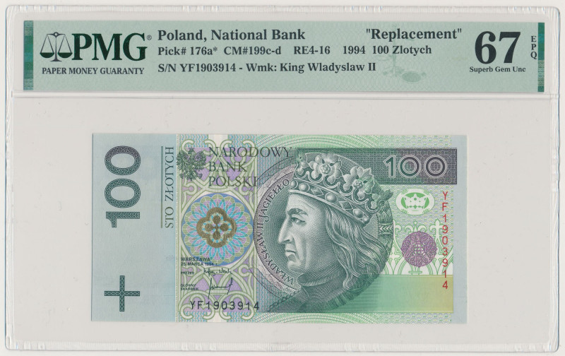 100 złotych 1994 - YF - seria zastępcza Reference: Miłczak 199d
Grade: PMG 67 E...