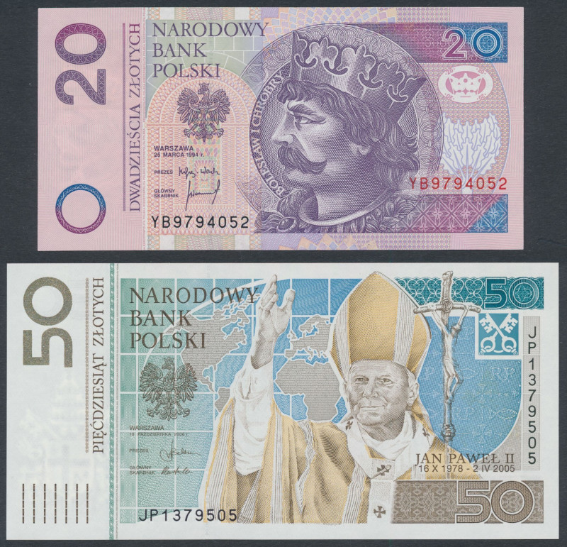 20 zł 1994 - YB (seria zastępcza) i 50 zł 2006 Jan Paweł II (2szt) 
Grade: UNC...