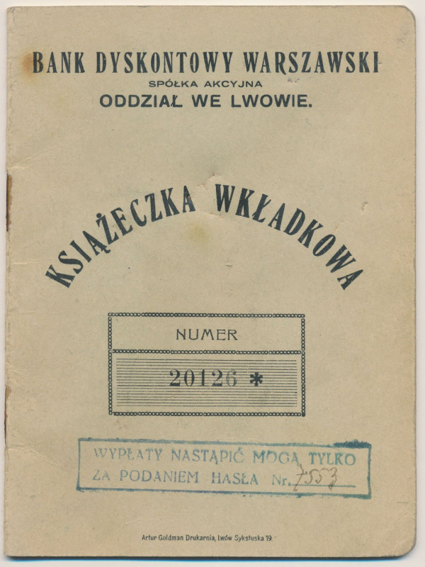 Lwów, Książeczka Wkładkowa, Bank Dyskontowy Warszawski Wymiary: 11 x 15 cm.&nbsp...