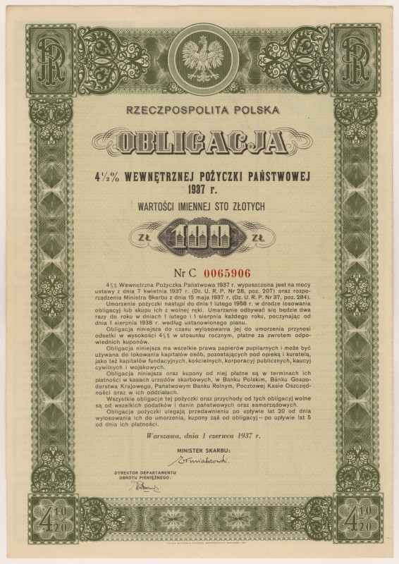 4.5% Poż. Wewnętrzna 1937, Obligacja na 100 zł - seria C Reference: Mazur E.45.4...