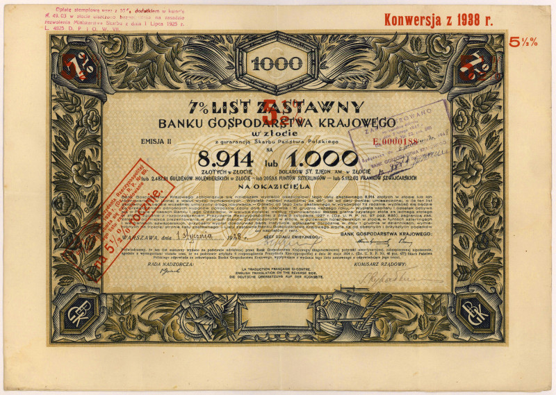 BGK, List zastawny 1.000 dolarów 1928 (8.914 zł) 

POLAND POLEN