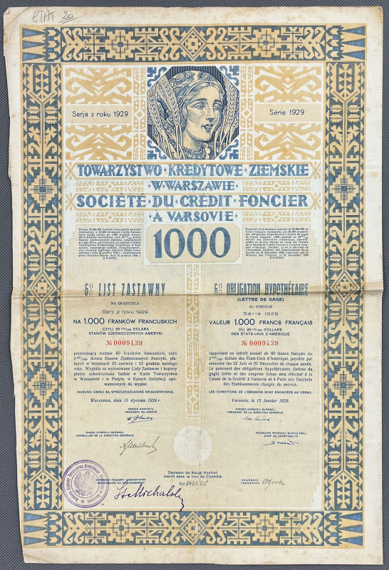 Warszawa, TKZ, List zastawny 1.000 franków 1929 Projekt graficzny przypisywany Z...