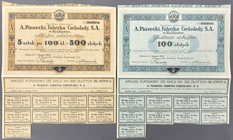 A. Piasecki Fabryka Czekolady, 100 zł i 5x 100 zł 1933 (2szt) Reference: Kozioro...