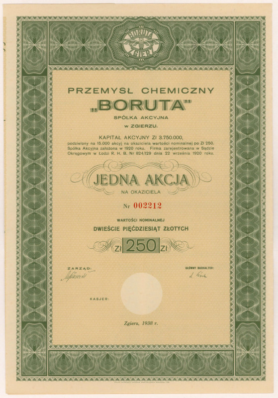 BORUTA Przemysł Chemiczny, 250 zł 1938 Reference: Koziorowski 1373-27