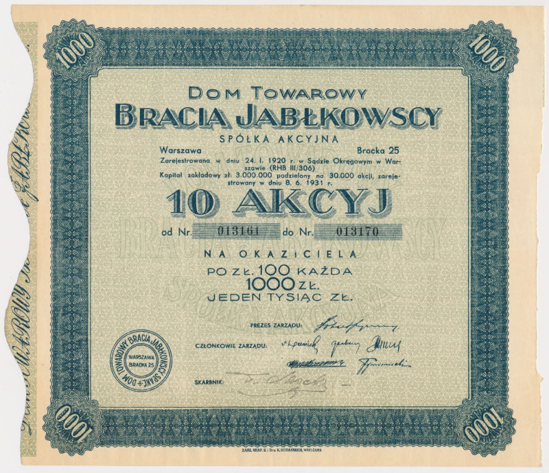 BRACIA JABŁKOWSCY Dom Towarowy, 10x 100 zł Reference: Koziorowski 1553-8