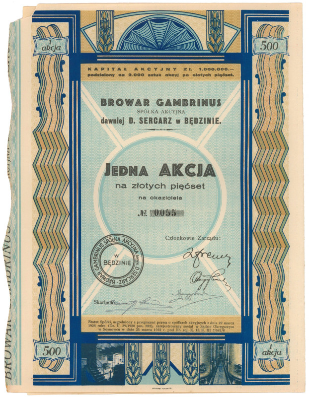 BROWAR GAMBRINUS dawn. D. Sercarz w Będzinie, 500 zł 1932 Browar Gambrinus zosta...